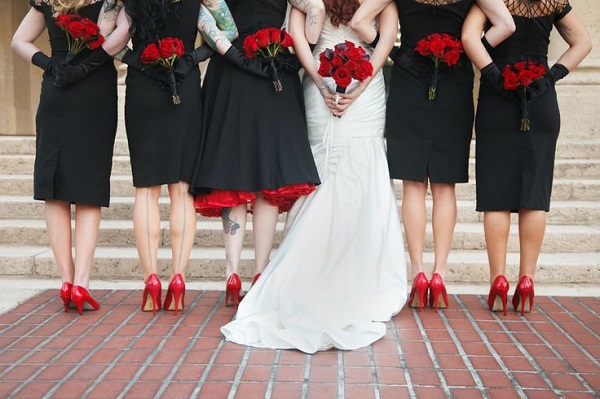 black bridesmaid dresses red shoes
