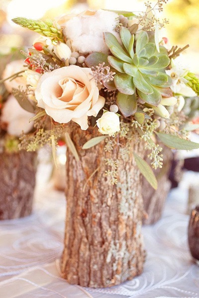 tree stump vase fall wedding centerpiece